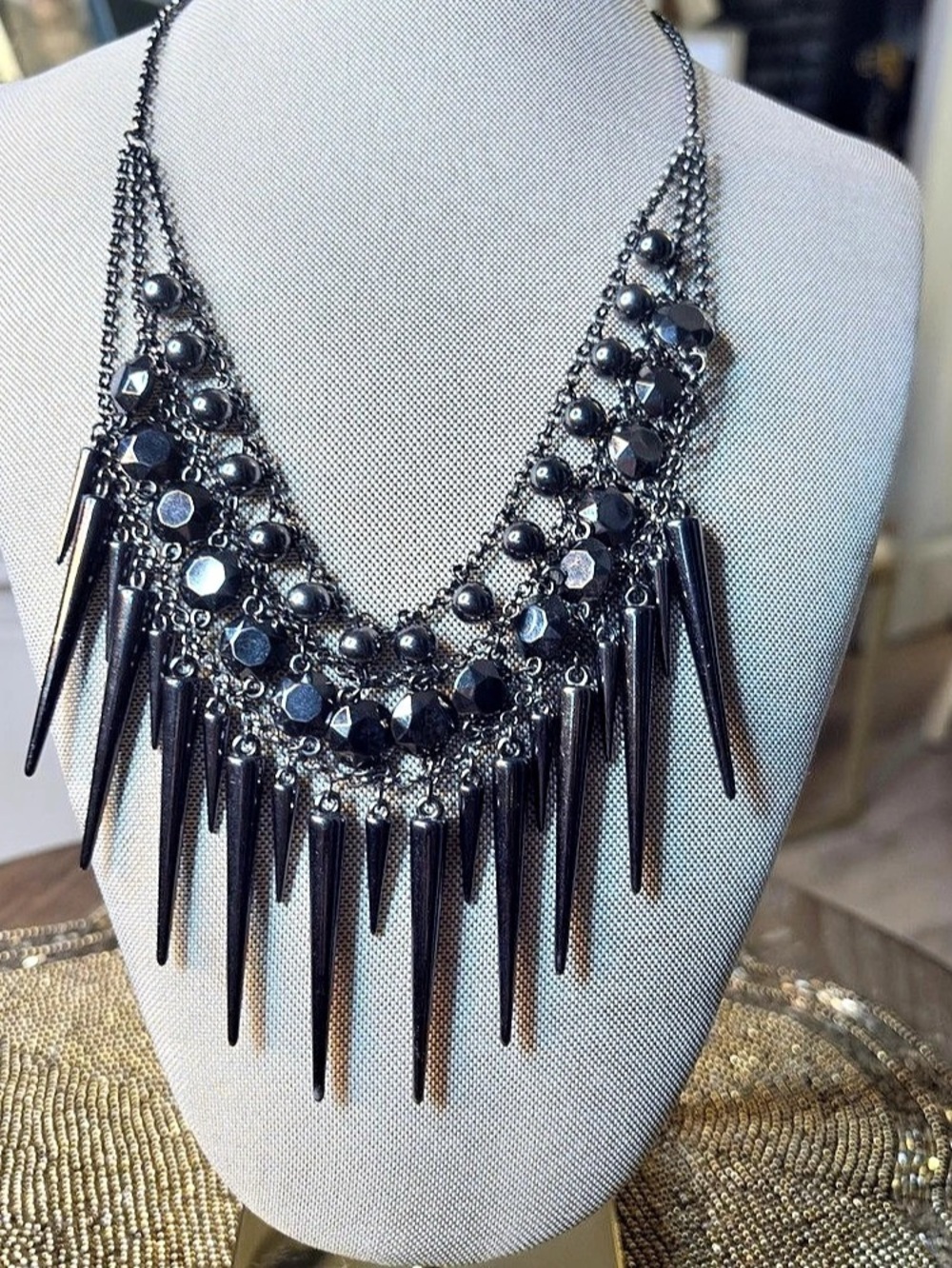 Statement Spiked Goth Bib Necklace in Gun Metal Gray Black